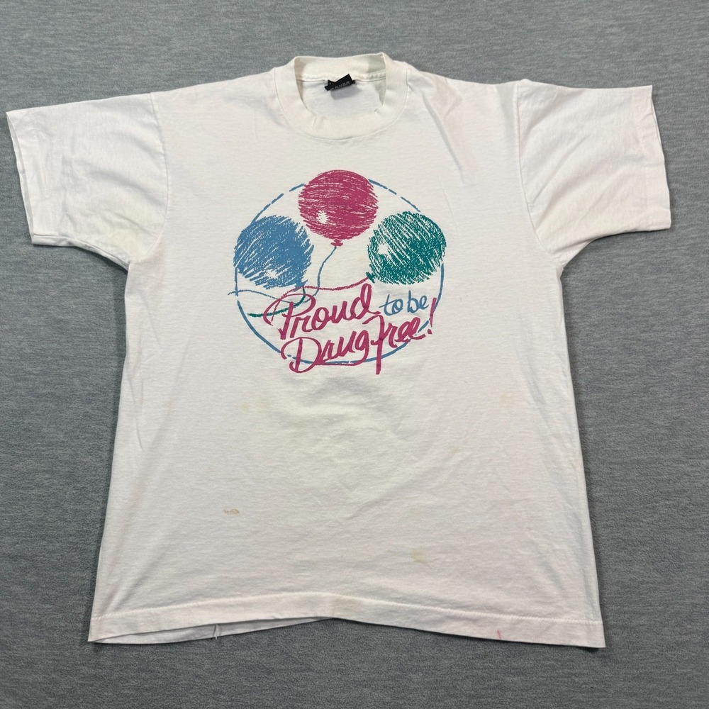 Screen Stars Best T-Shirt Women L White Proud To Be Drug Free USA 80s Vintage
